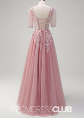 Juliet | Sparkly Blush Short Sleeves Tulle Long Prom Dress - Price #price_variant_lowest# - Blush - PromDressClub